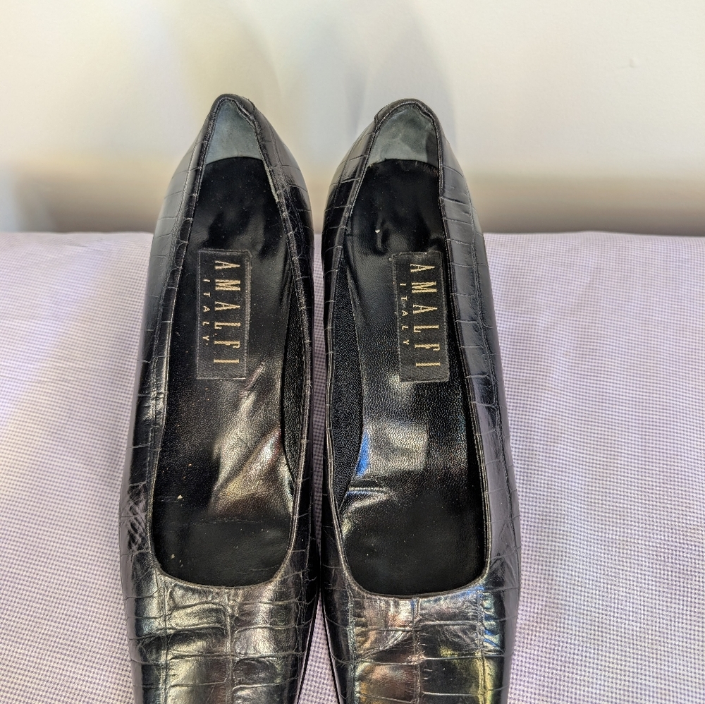 Y2K Amalfi Black Croc-Embossed Leather Pumps | Made in Italy Square Toe Heels - Picture 11 of 12